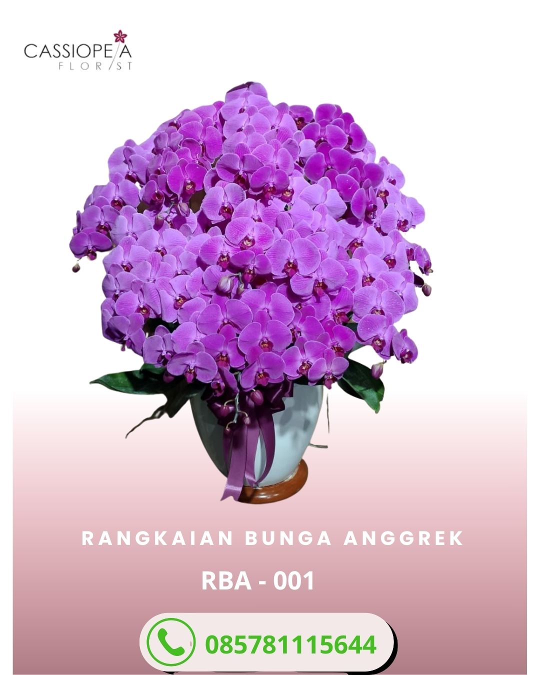 Rangkaian anggrek bulan ungu phalaenopsis RBA-001 premium TMII pot keramik