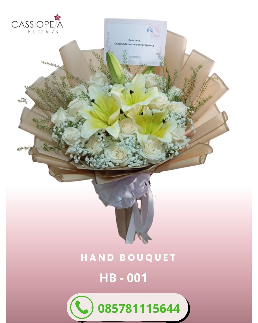 Hand bouquet TMII lily putih dan mawar untuk valentine wisuda hari ibu hari guru