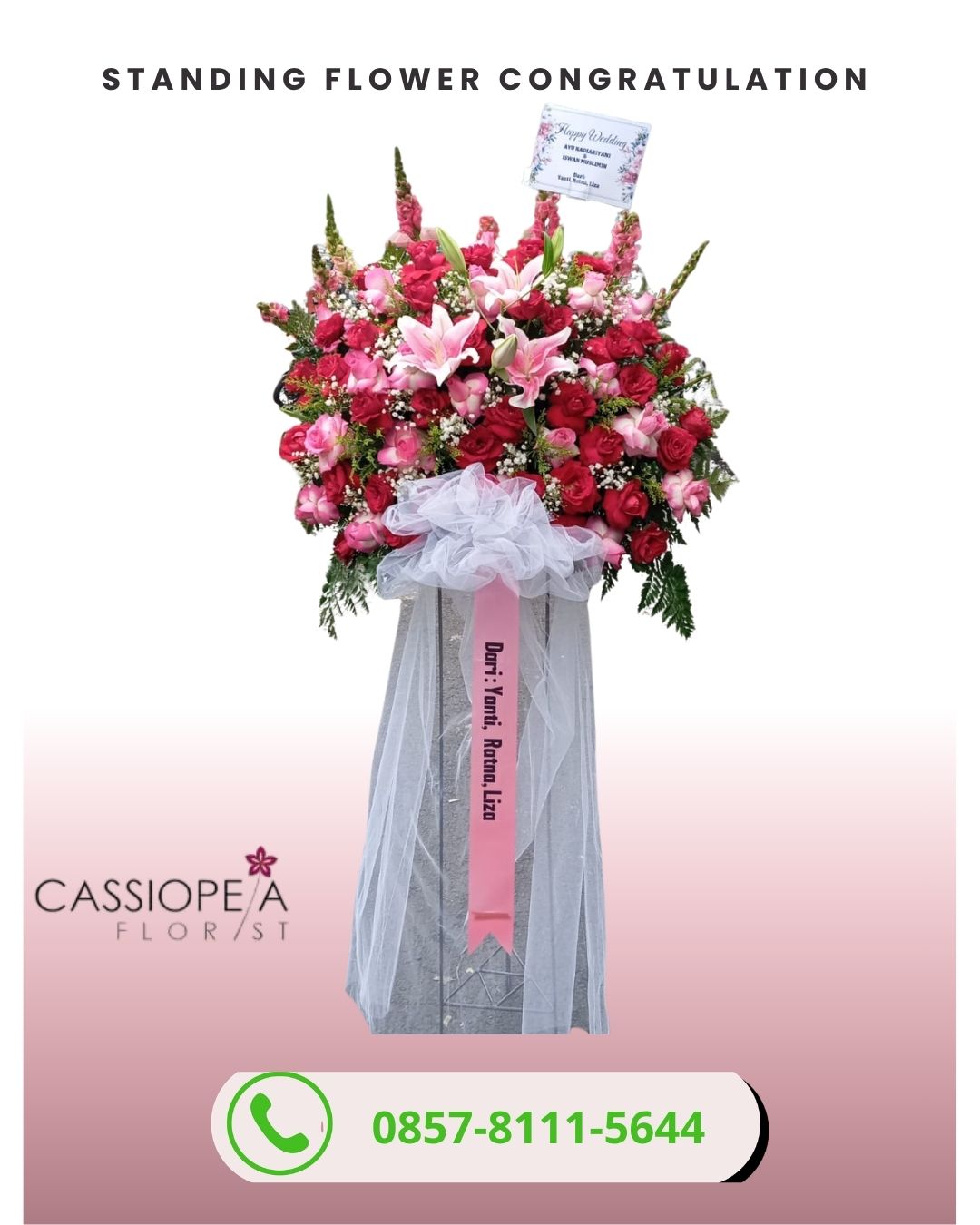 Bunga papan ucapan pernikahan happy wedding TMII mawar pink merah dengan lily