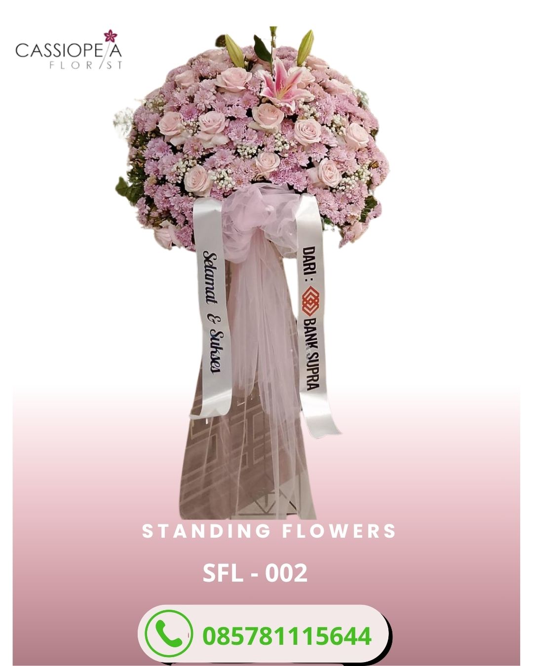 Bunga standing flower TMII rangkaian mawar pink dari Bank Supra Cassiopeia Florist