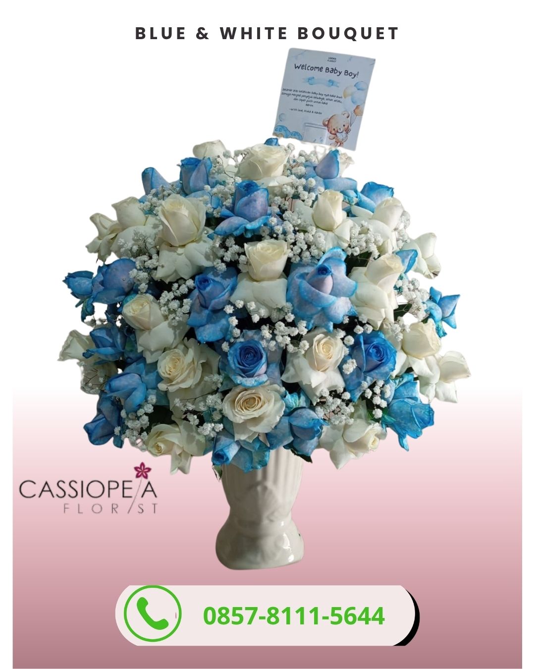 Bunga vas blue white welcome baby boy TMII mawar biru dan putih dengan baby breath
