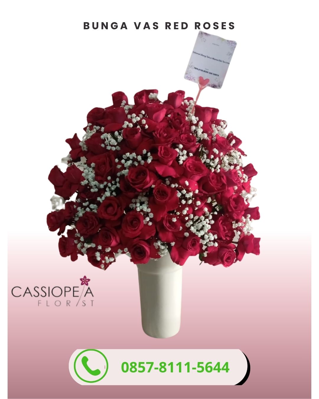 Bunga vas TMII rangkaian mawar merah red roses dengan baby breath untuk ulang tahun